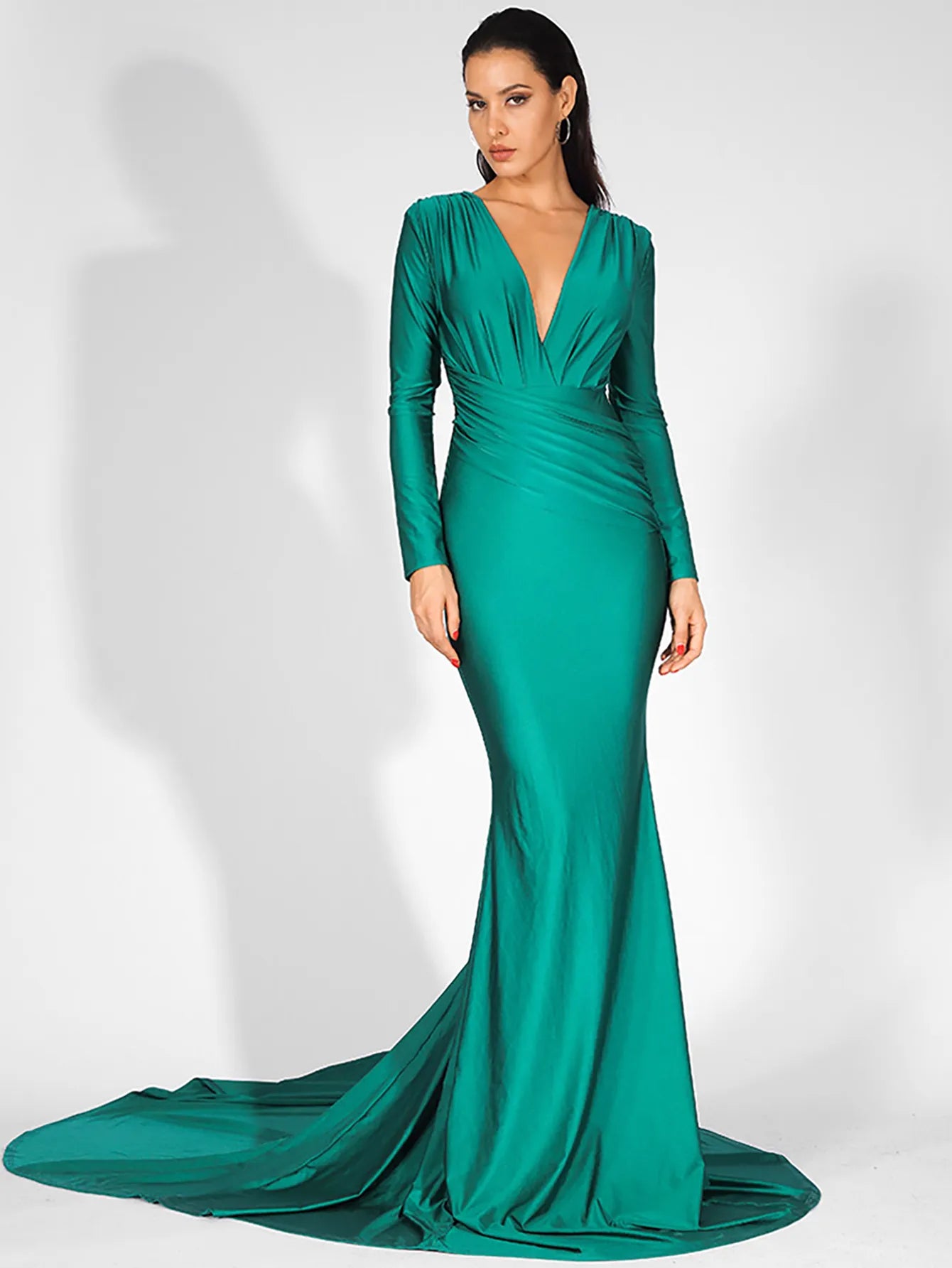 LOVE&LEMONADE Sexy Green Deep V-Neck Slim Fit Elastic Fabric Trai Maxi Dress LM81535